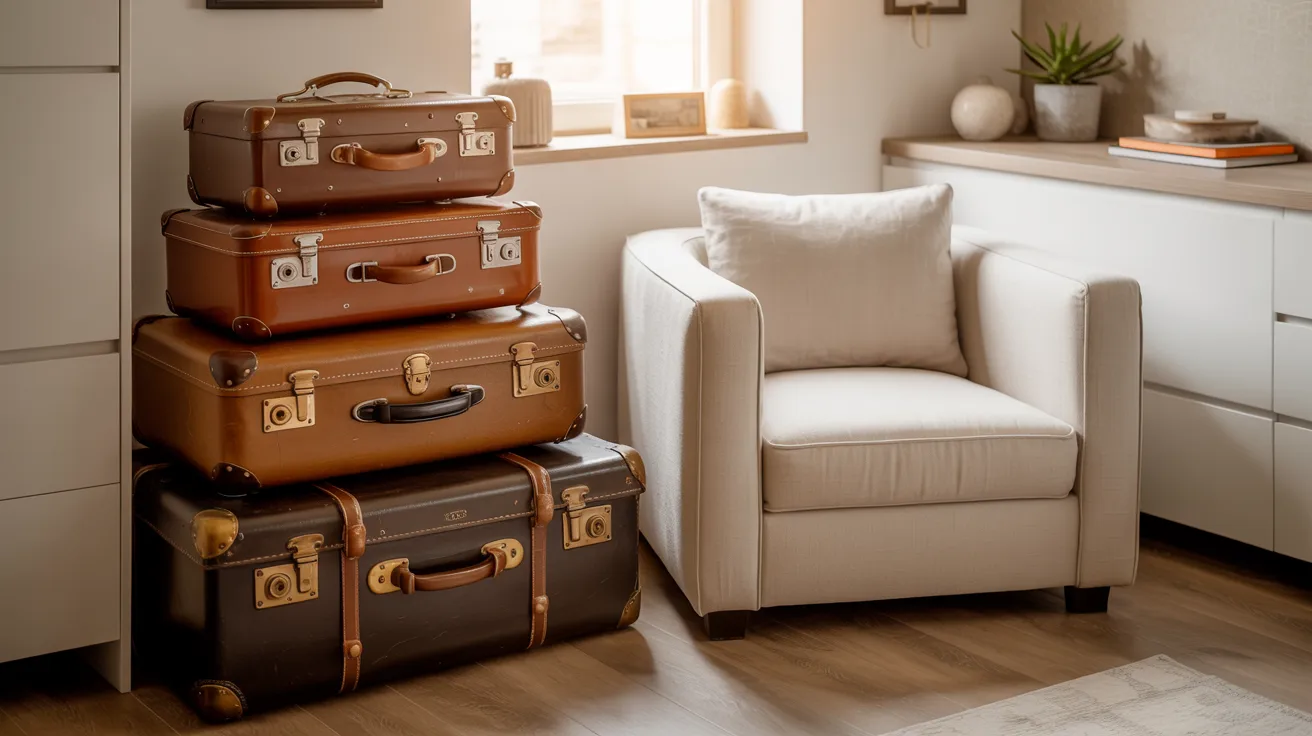 A stack of colorful suitcases arranged neatly in a well-lit room, suggesting travel preparations.