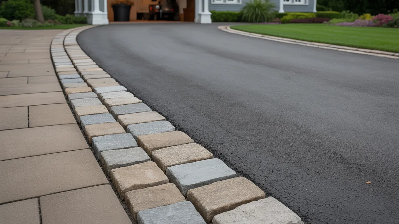 A driveway leading to a house, featuring a stone walkway alongside lush greenery.
