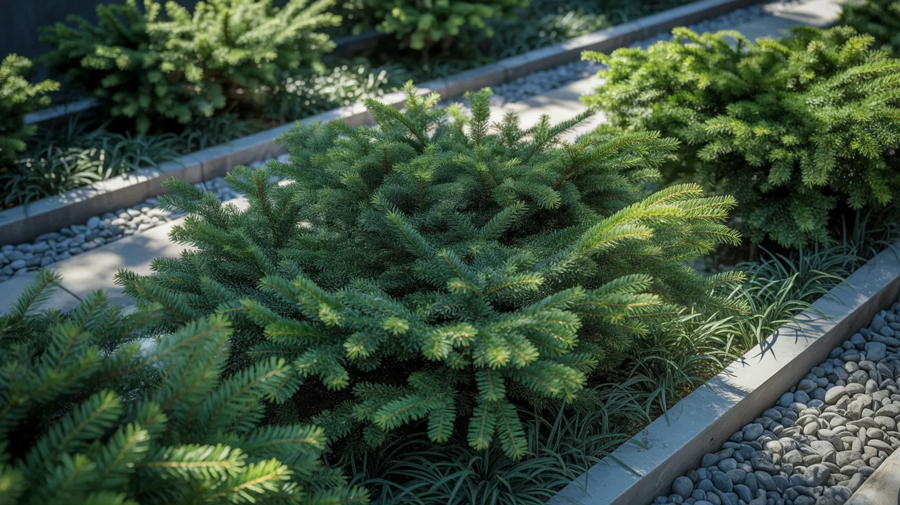 A serene garden path bordered by lush evergreen trees, inviting exploration and tranquility.