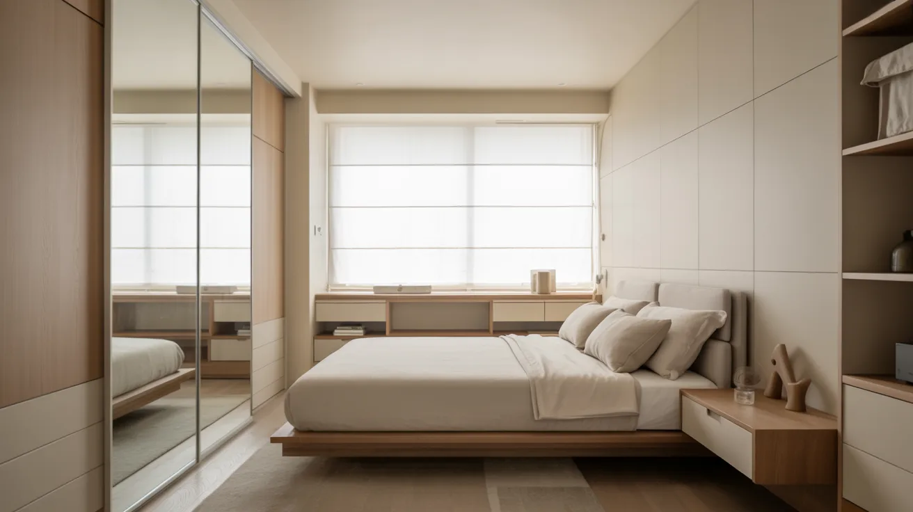 A cozy bedroom featuring a bed, a mirror, and polished wooden flooring.