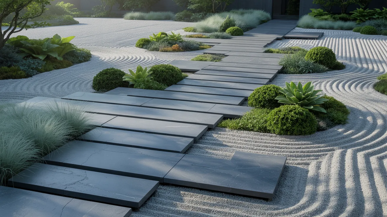 A desert garden featuring various rocks and several cactus plants under a clear blue sky.