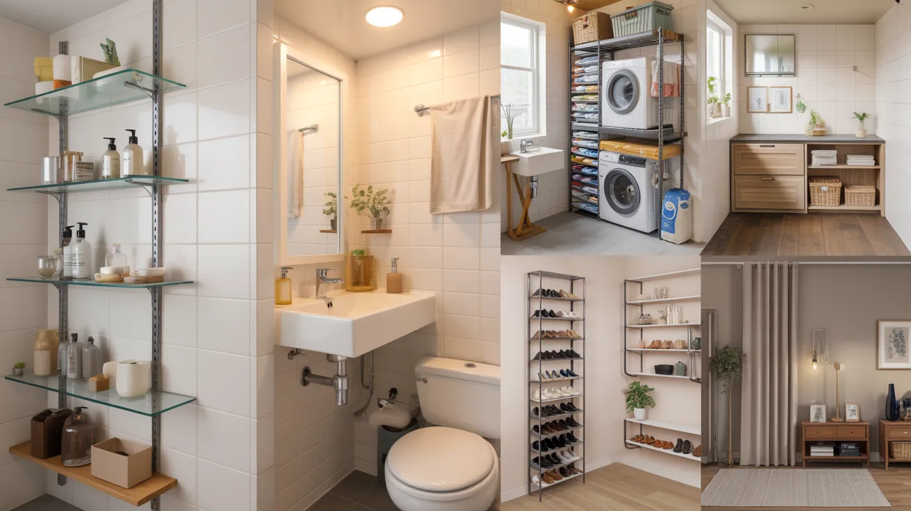 A collage featuring various bathroom and laundry room items, including towels, detergents, and cleaning supplies.