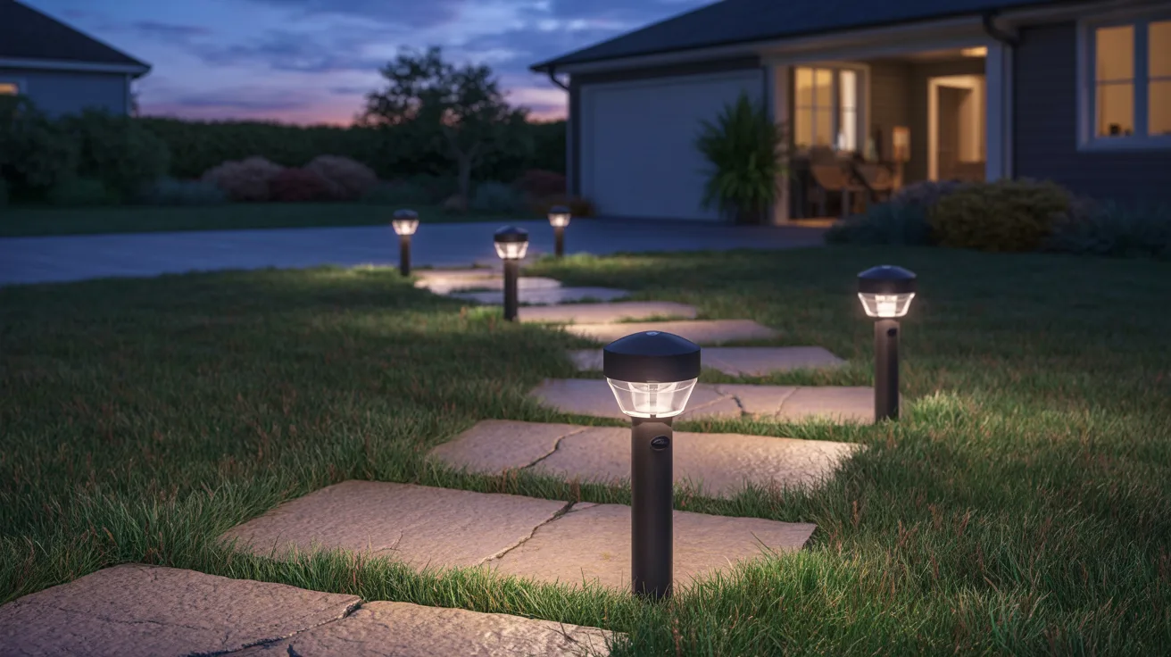 A solar-lit pathway leading to a house, illuminating the way with soft, warm light at night.
