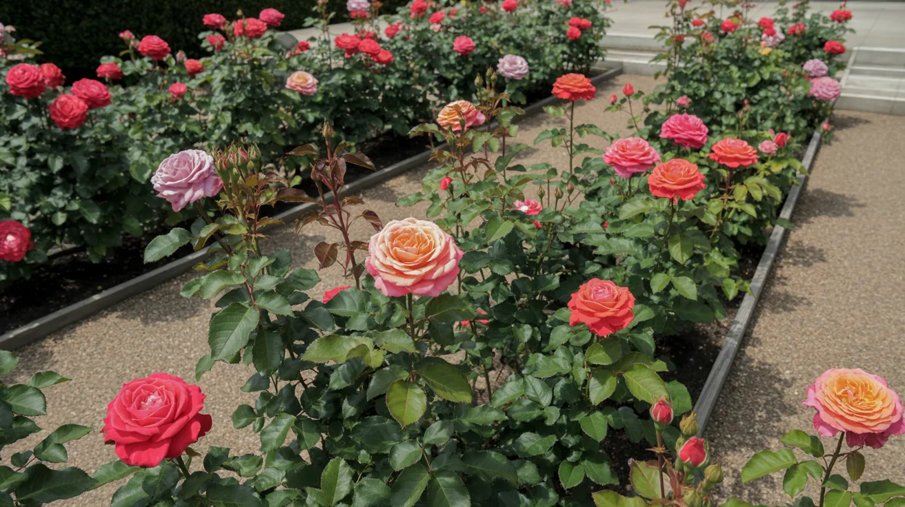 A vibrant garden of roses with a white building visible in the background under clear blue skies.