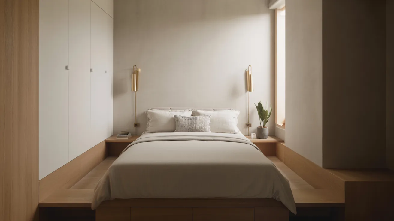 A cozy bedroom featuring a neatly made bed and a wooden bench against the wall.