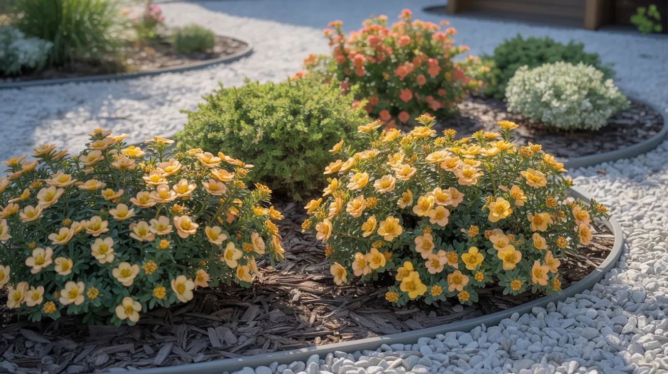 A vibrant garden featuring bright yellow flowers surrounded by a bed of white gravel.