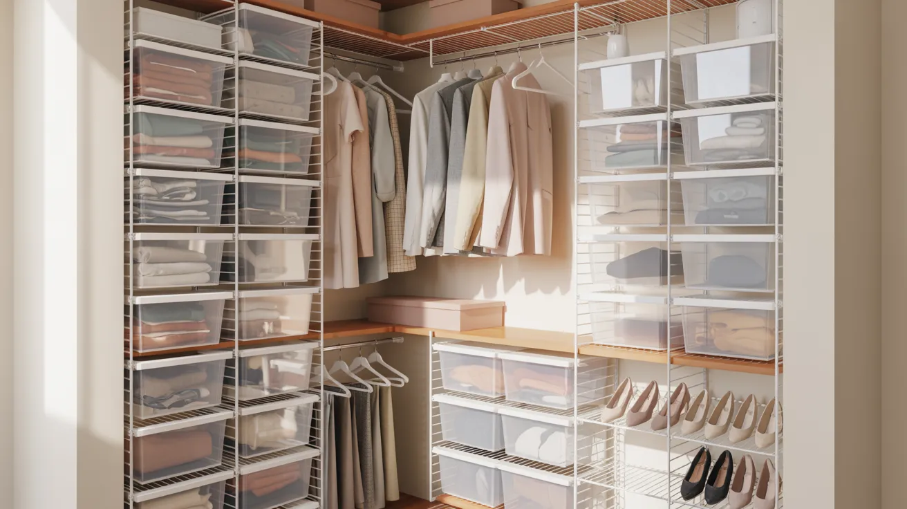 A closet filled with neatly arranged clothes and shoes displayed on shelves.
