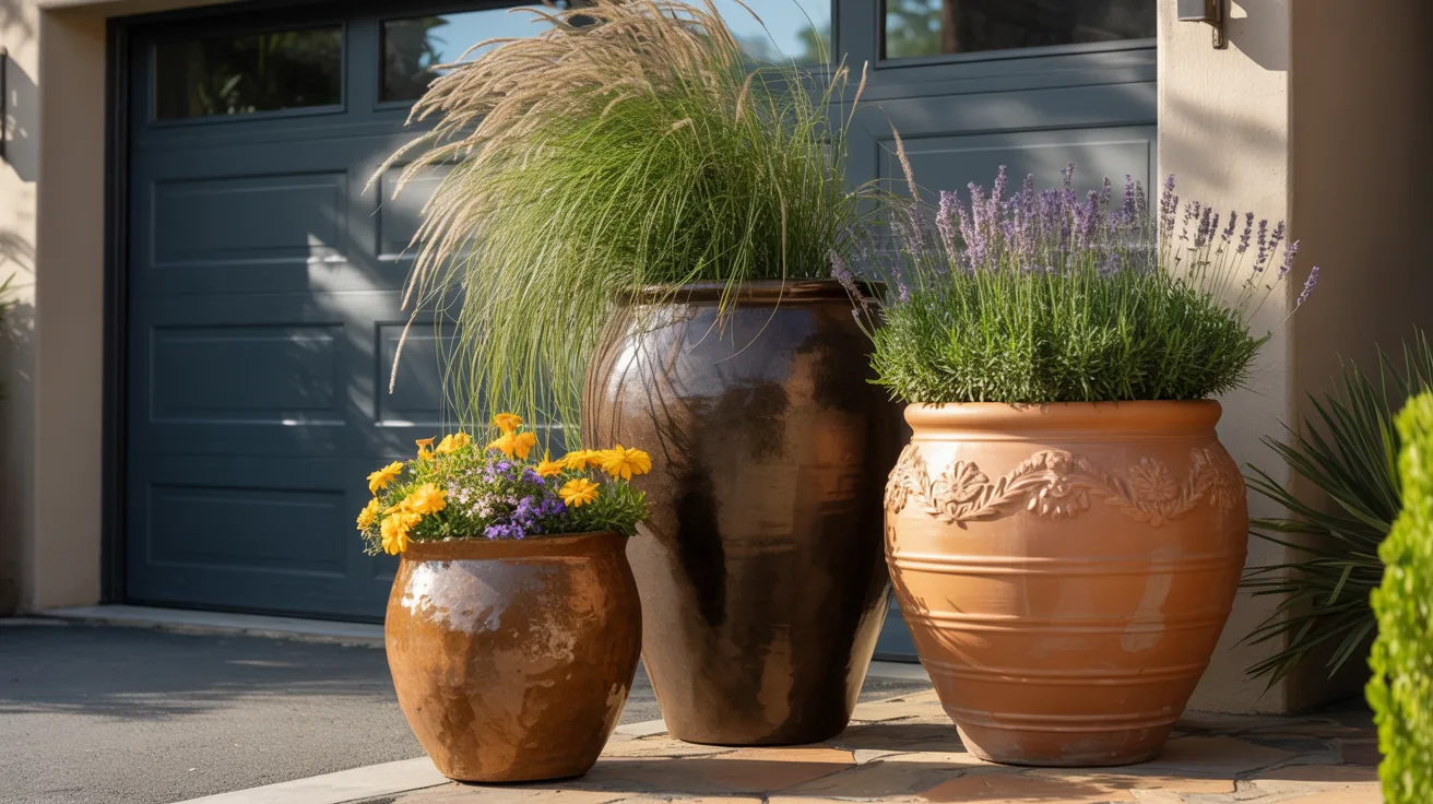 Three large flower pots and grass are arranged in front of a closed garage door.