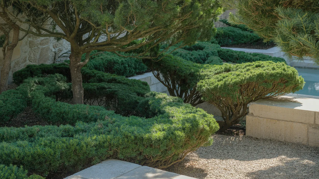 A serene garden featuring a fountain surrounded by lush greenery and a tall tree in the background.