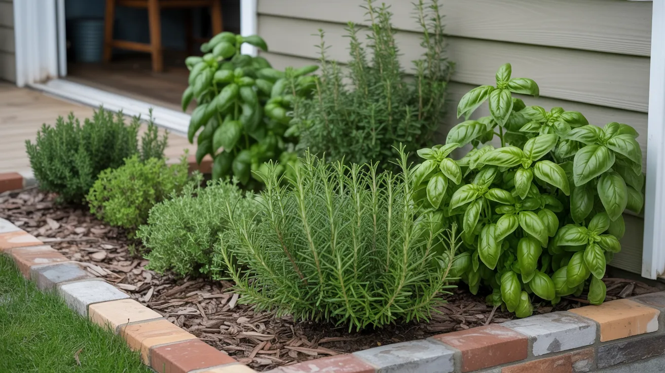 A vibrant garden featuring various herbs and plants arranged in a rustic brick planter.