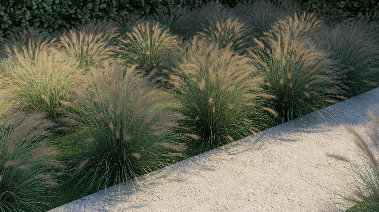 A grassy area featuring a winding pathway bordered by lush green bushes.