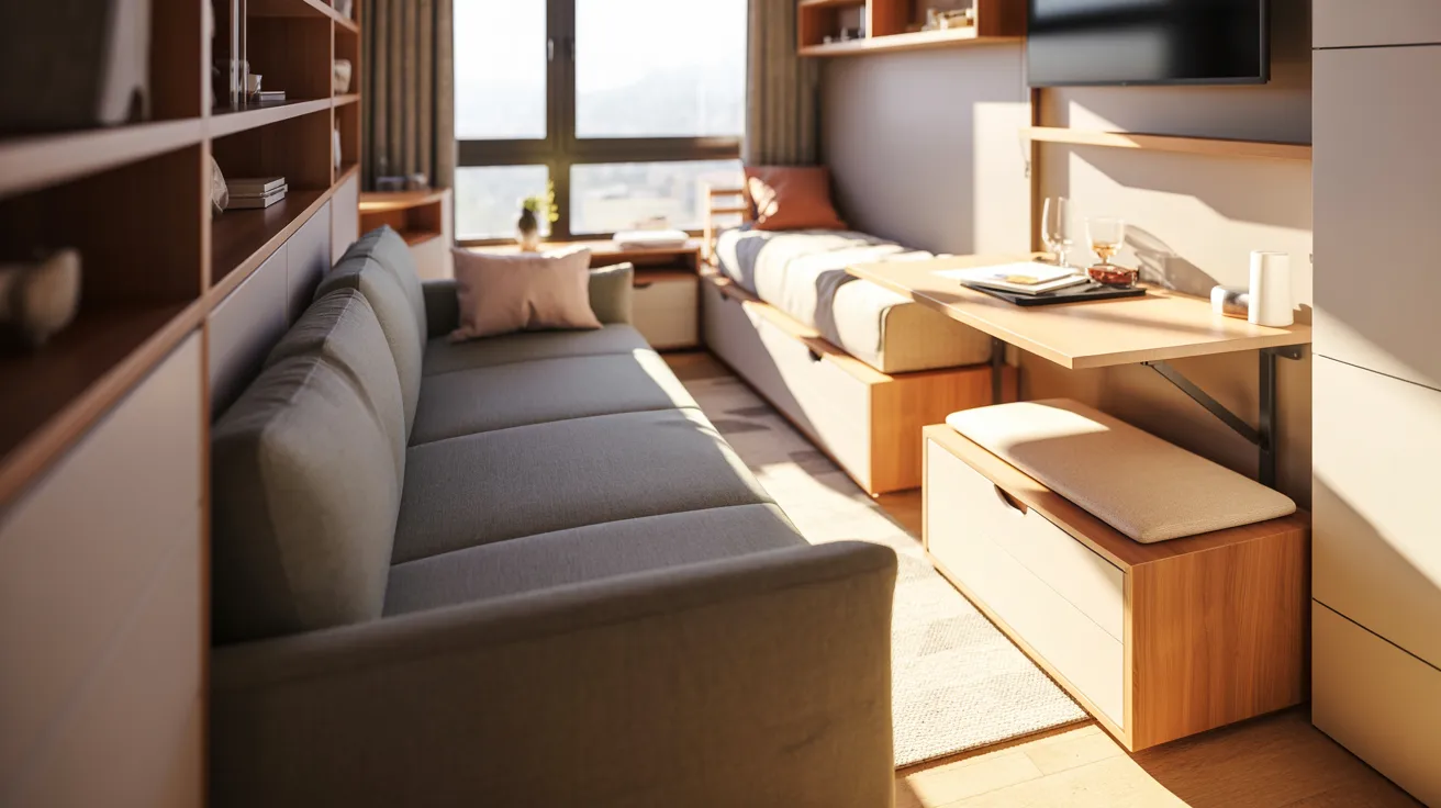 A small apartment interior featuring a couch, desk, and a window allowing natural light.
