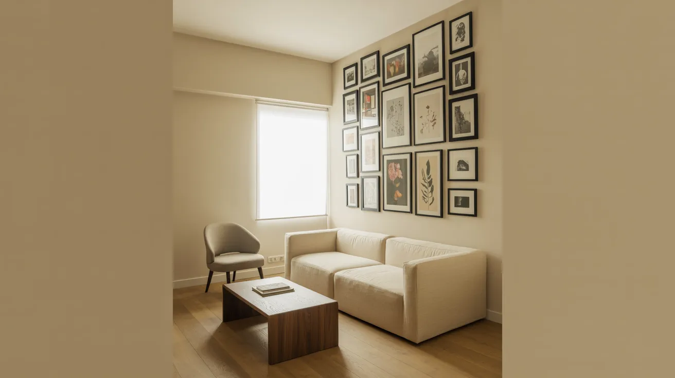 A cozy living room featuring a couch, coffee table, and framed pictures adorning the walls.