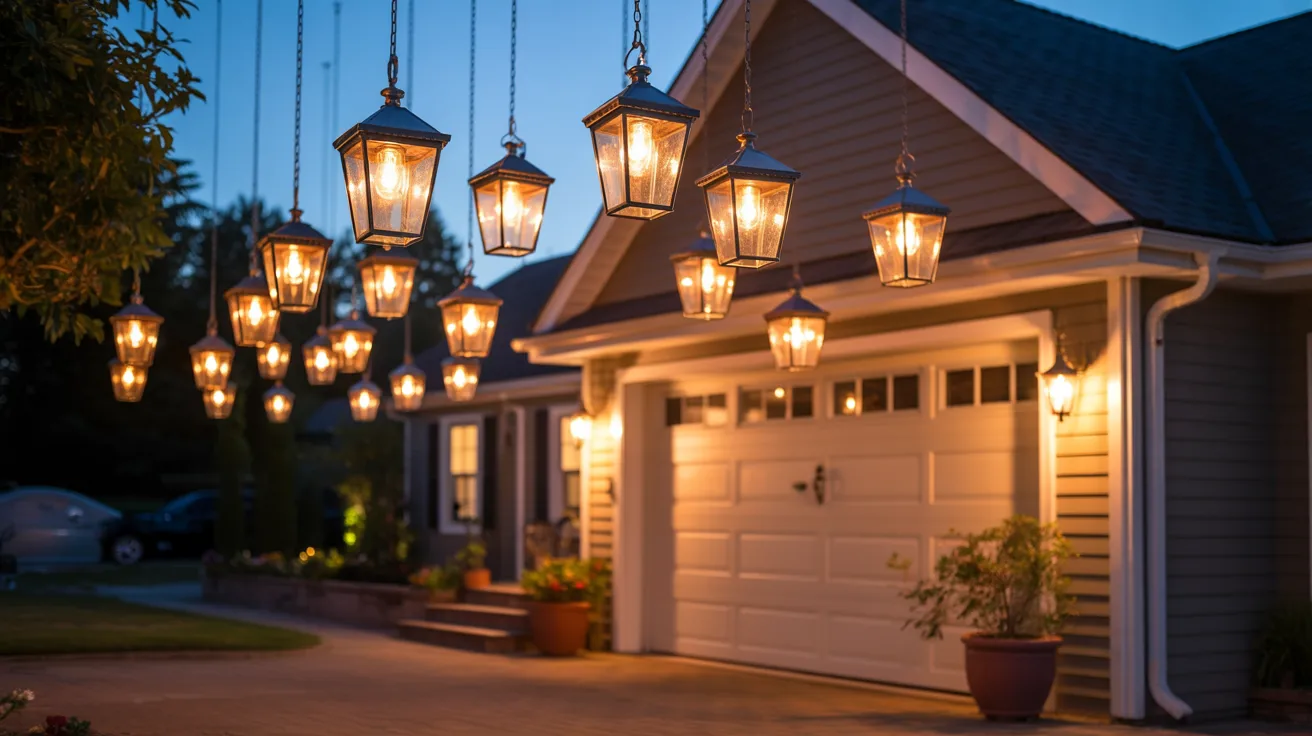 Evening outdoor lighting illuminates a garden, creating a warm and inviting atmosphere under a twilight sky.