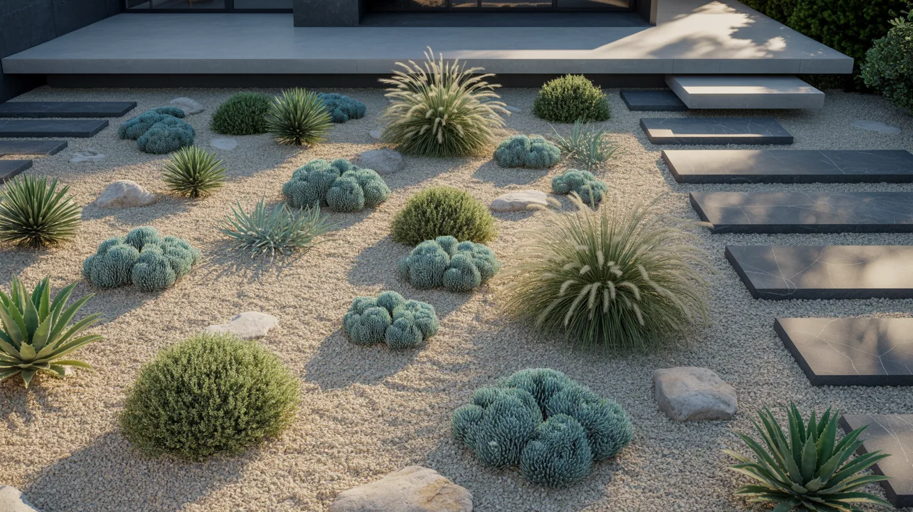A desert garden featuring various rocks and several cactus plants under a clear blue sky.