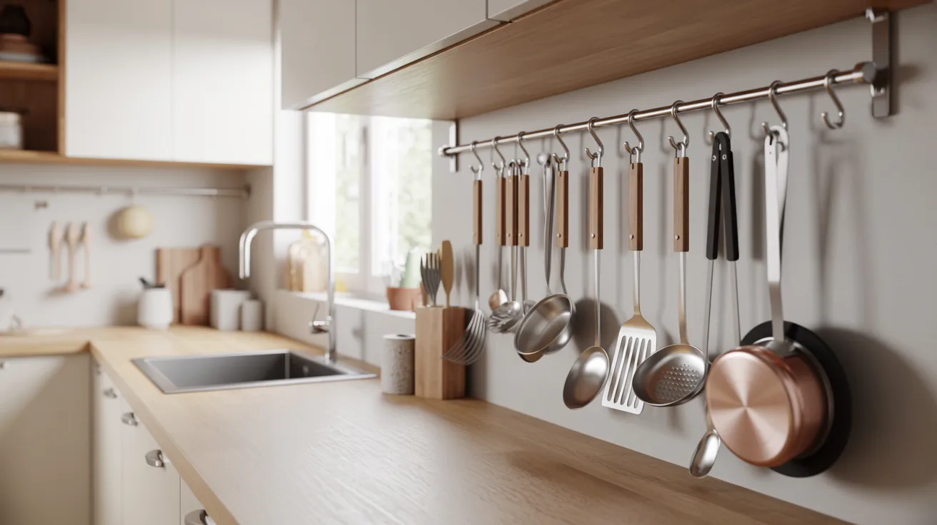 A kitchen featuring pots and pans elegantly arranged and hanging on the wall, showcasing a functional cooking space.