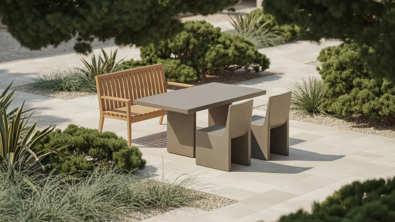 A table with two chairs set in a lush garden, surrounded by greenery and colorful flowers.