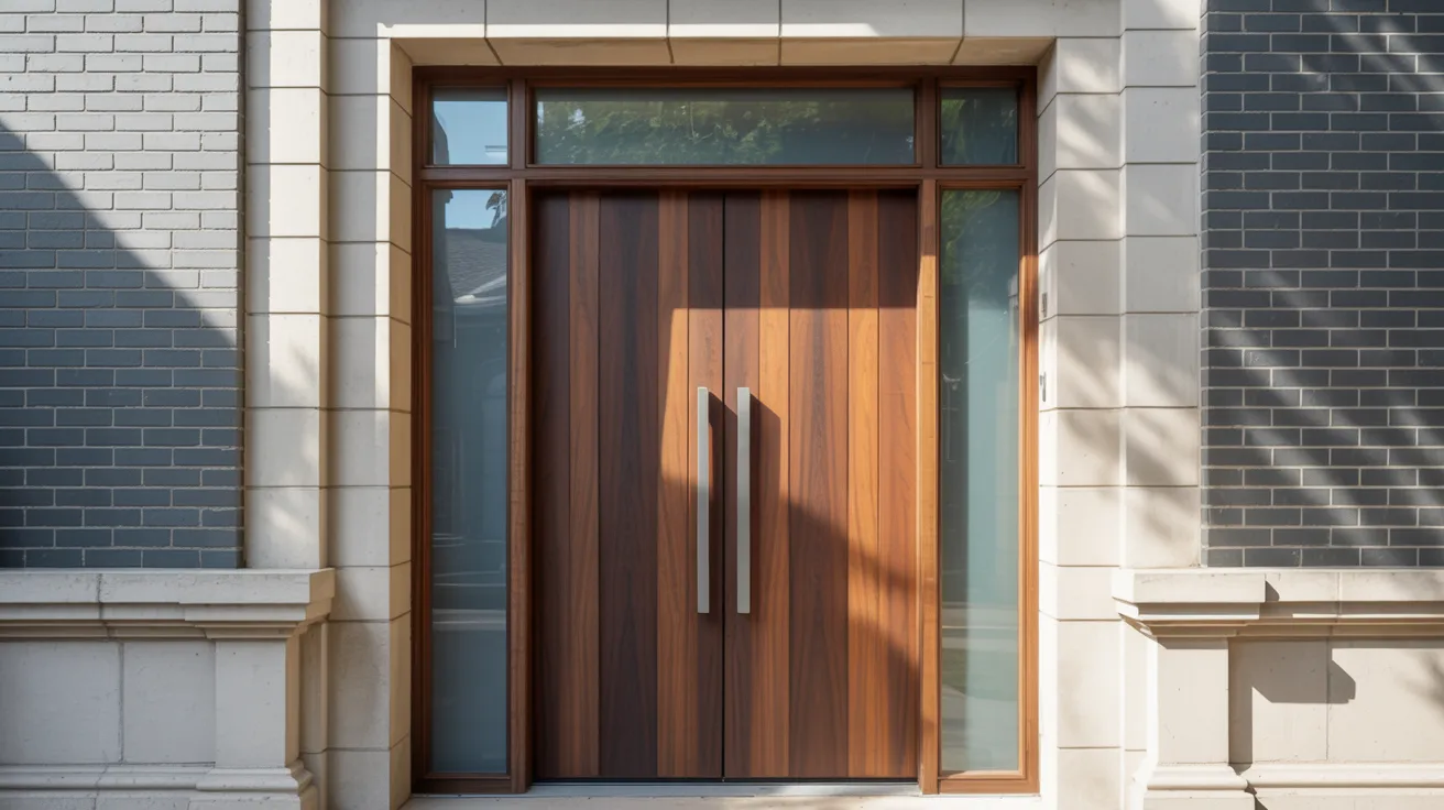 A modern wooden front door featuring a sleek glass panel, showcasing contemporary design and elegance.