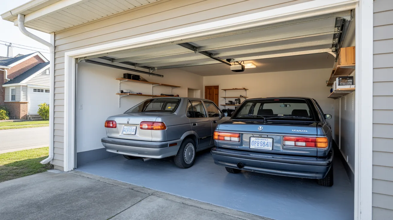 Two cars parked side by side in a spacious garage with concrete flooring and bright overhead lighting.
