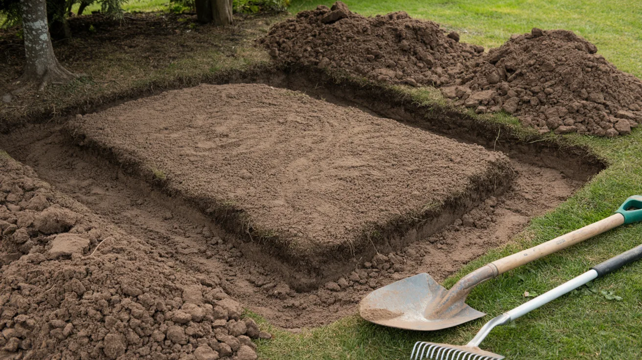 A garden bed featuring a shovel and a trowel resting on the soil, ready for planting and gardening tasks.