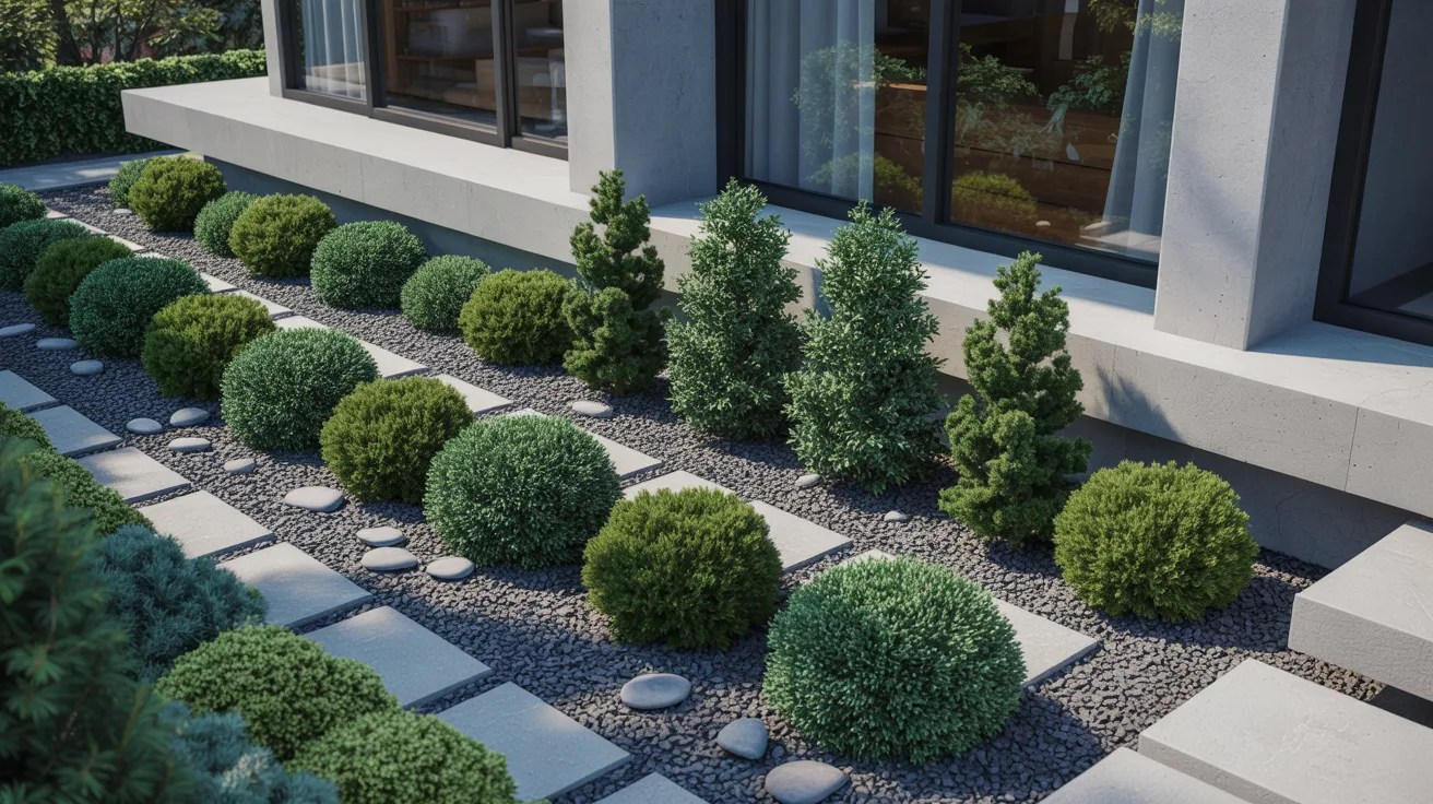 A modern garden featuring stone steps surrounded by lush shrubs and greenery.