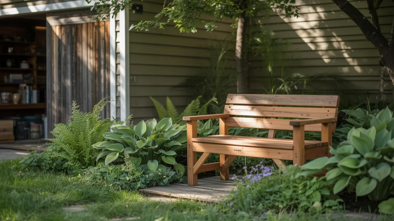 A wooden bench is positioned centrally in a lush garden, surrounded by vibrant flowers and greenery.
