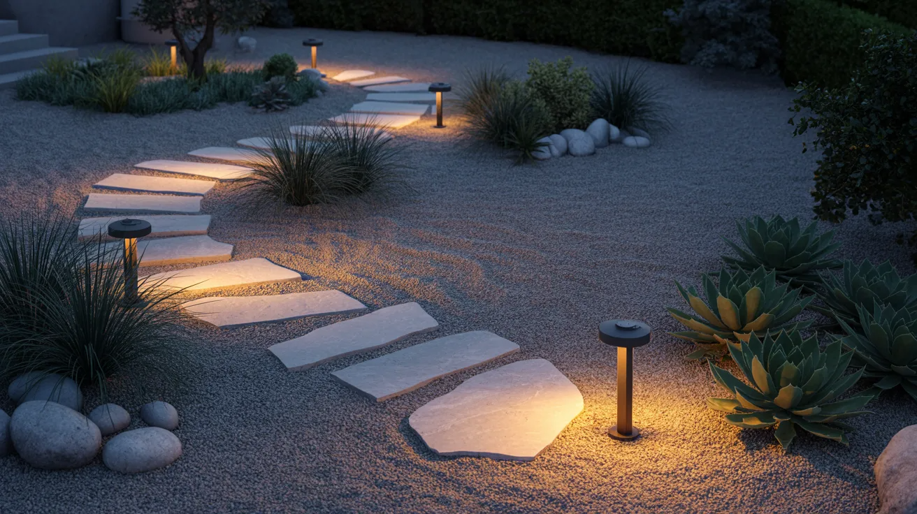 A garden pathway illuminated by soft LED lights, creating a serene and inviting atmosphere for evening strolls.