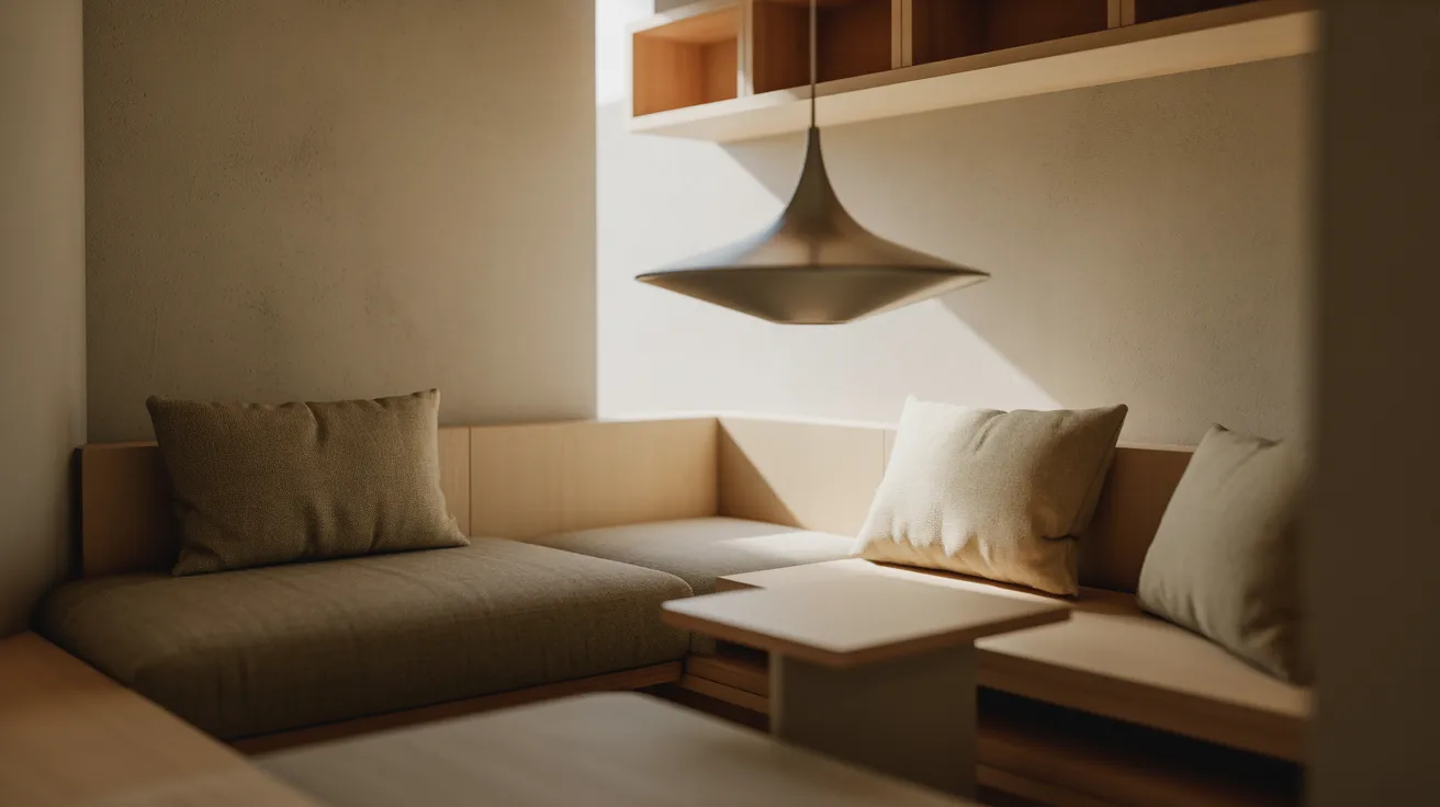 A cozy small room featuring a couch and a lamp, creating a warm and inviting atmosphere.