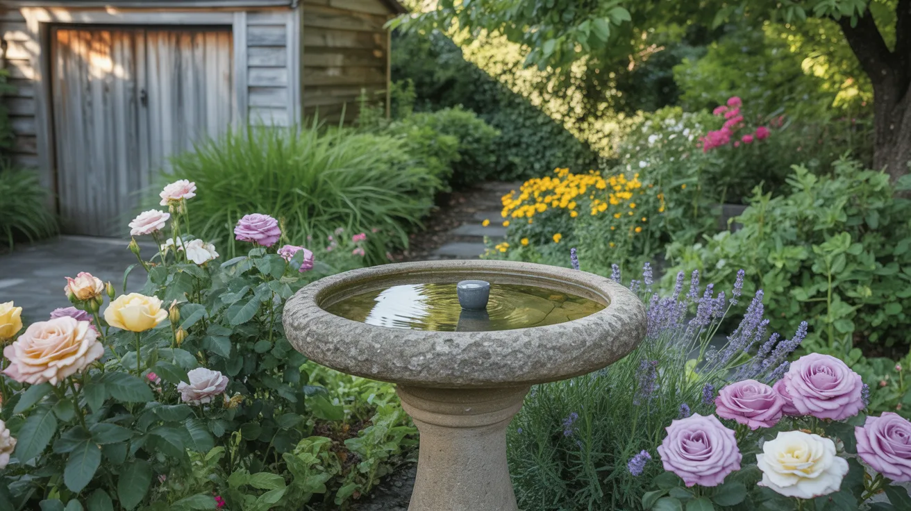 A birdbath in a vibrant garden, surrounded by colorful flowers in full bloom.
