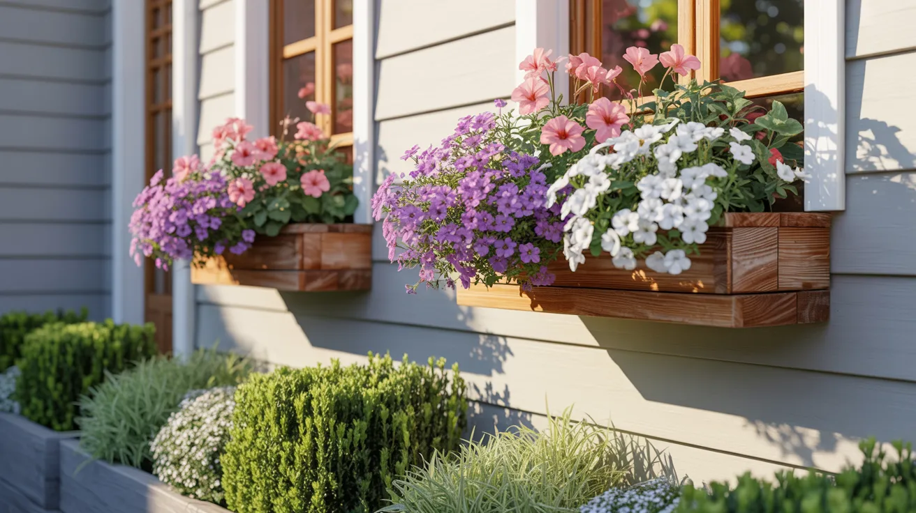 Three wooden planters filled with colorful flowers are placed beside a house, enhancing the outdoor aesthetic.