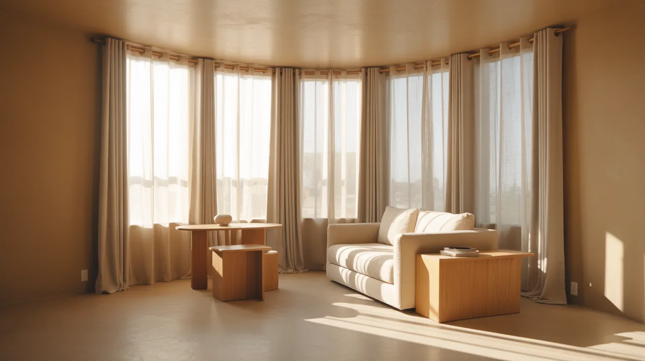 A cozy room featuring a couch, a table, and elegant curtains, creating a warm and inviting atmosphere.