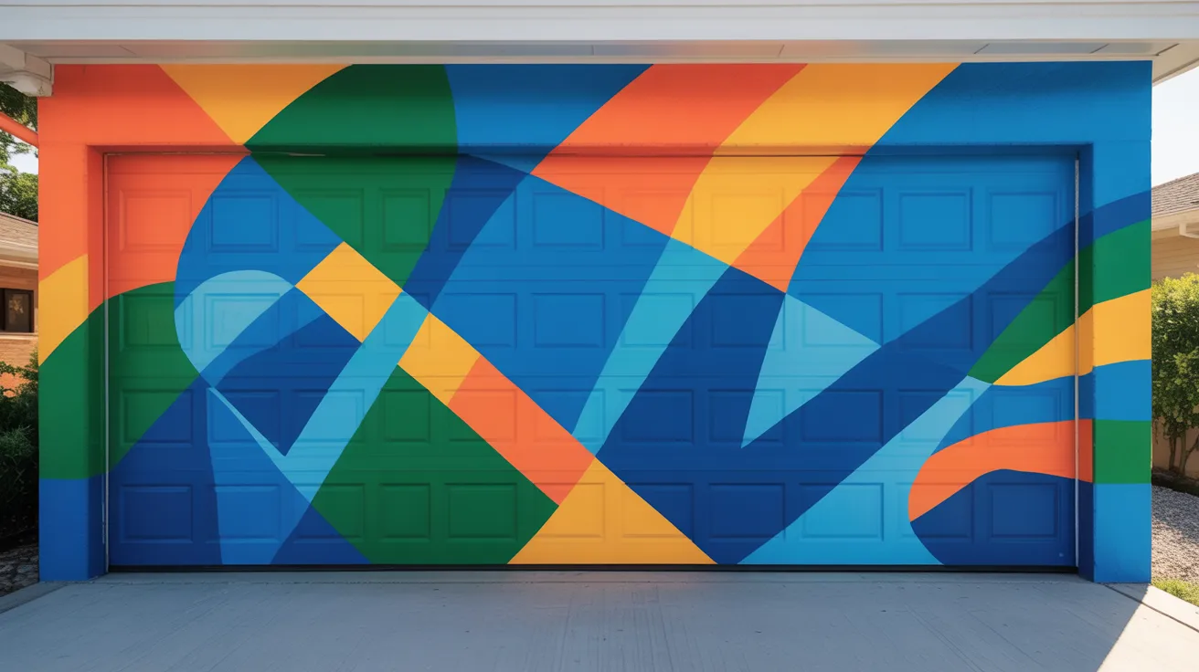 A garage door adorned with vibrant, colorful abstract designs, showcasing a lively and artistic expression.