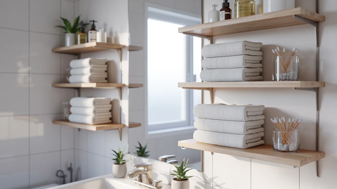 A bathroom featuring shelves filled with neatly arranged towels and decorative plants.