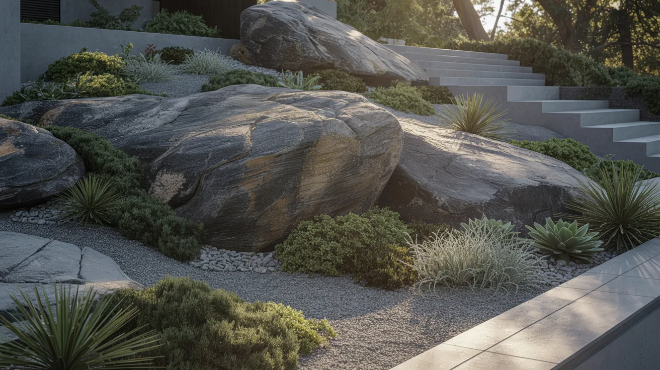 A serene rock garden featuring various plants nestled among smooth stones and rugged rocks.