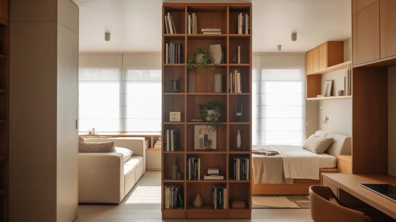 A cozy small apartment featuring a bookshelf and a neatly made bed, creating a warm and inviting atmosphere.