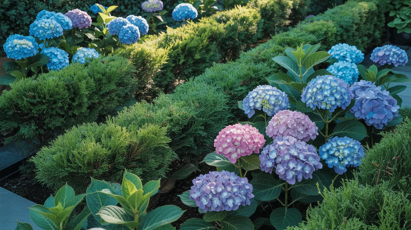 Vibrant hydrangea flowers blooming in a lush garden, showcasing a variety of colors and lush green foliage.