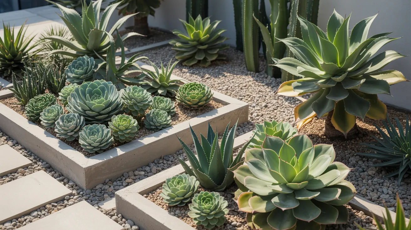 A vibrant succulent garden featuring various cactus plants arranged in modern concrete planters.