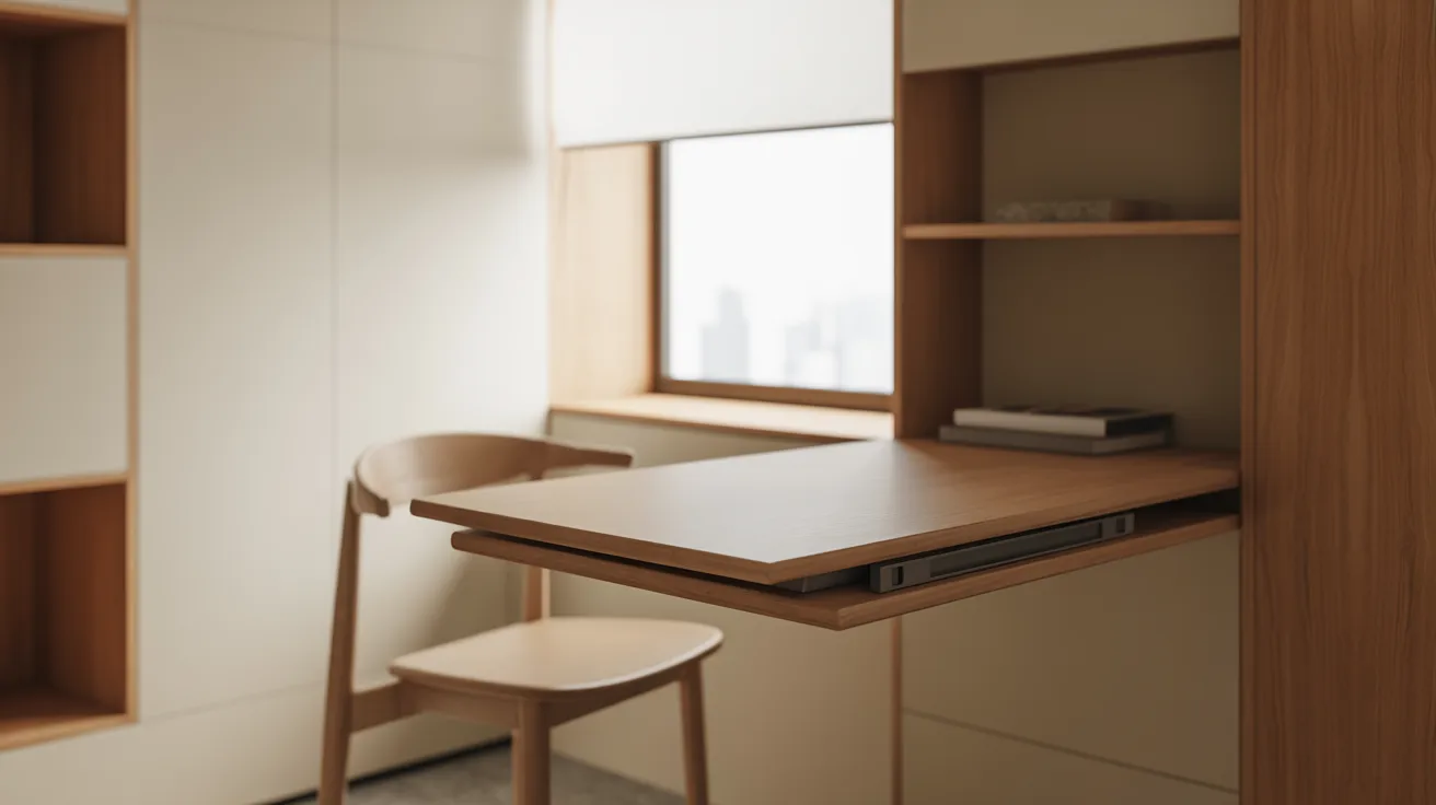 A small desk with a chair beside it and a shelf above, creating a compact workspace.