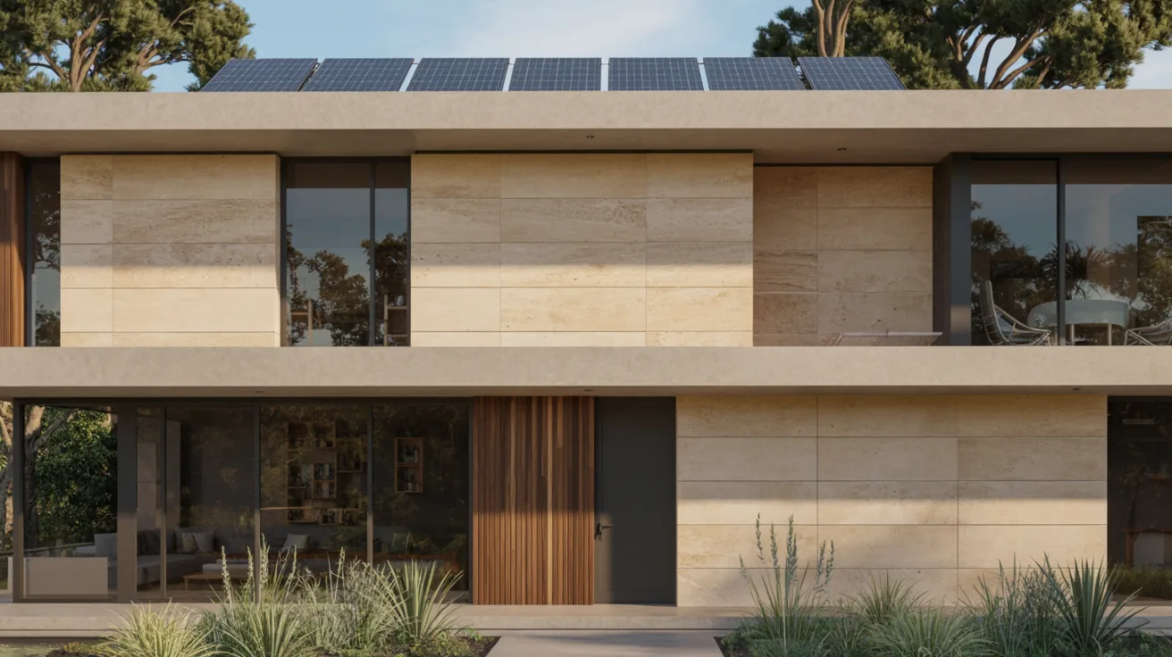 A modern house featuring solar panels installed on the roof, showcasing sustainable energy solutions.