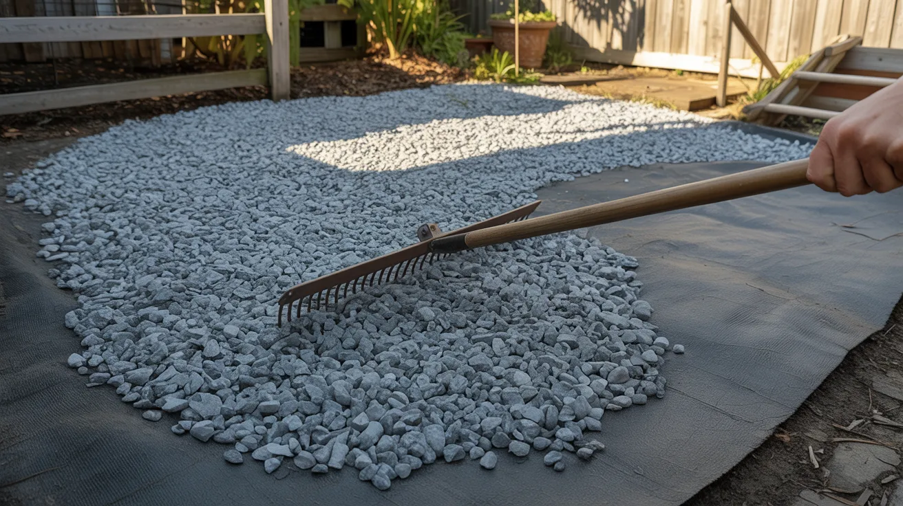 A person rakes gravel evenly across a patio surface, preparing it for a smooth finish.