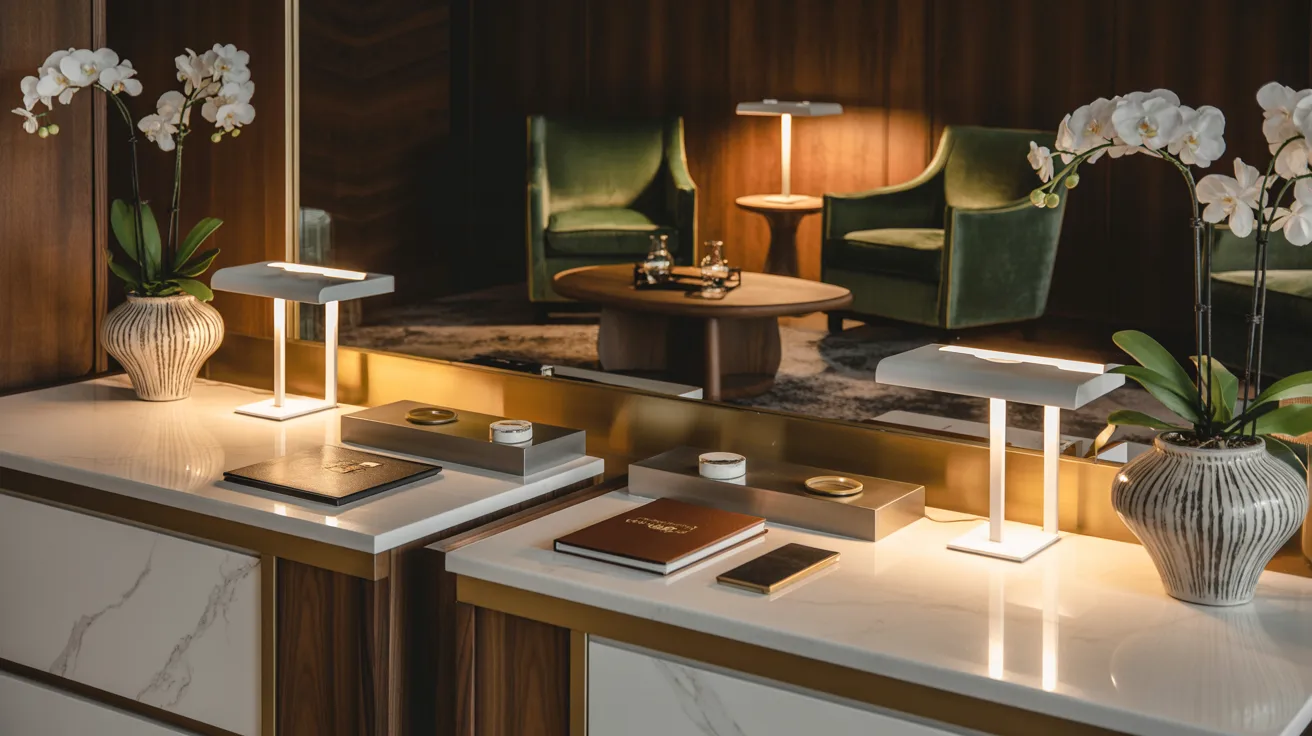 A hotel room featuring a desk and two chairs, designed for work or relaxation.