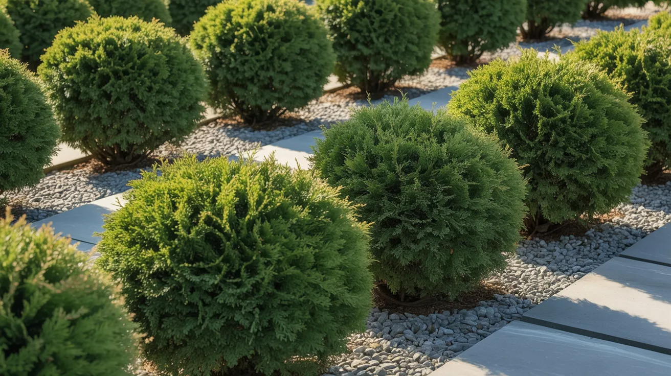 A row of small trees neatly arranged in a vibrant garden setting.