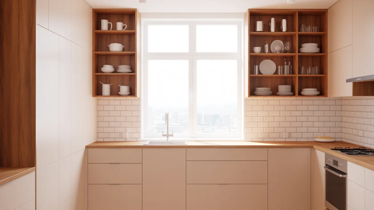 A kitchen featuring wooden shelves and sleek white cabinets, creating a modern and inviting atmosphere.