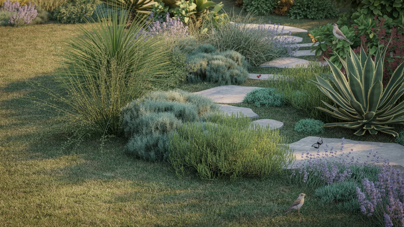 A vibrant garden featuring various plants and rocks prominently in the foreground.