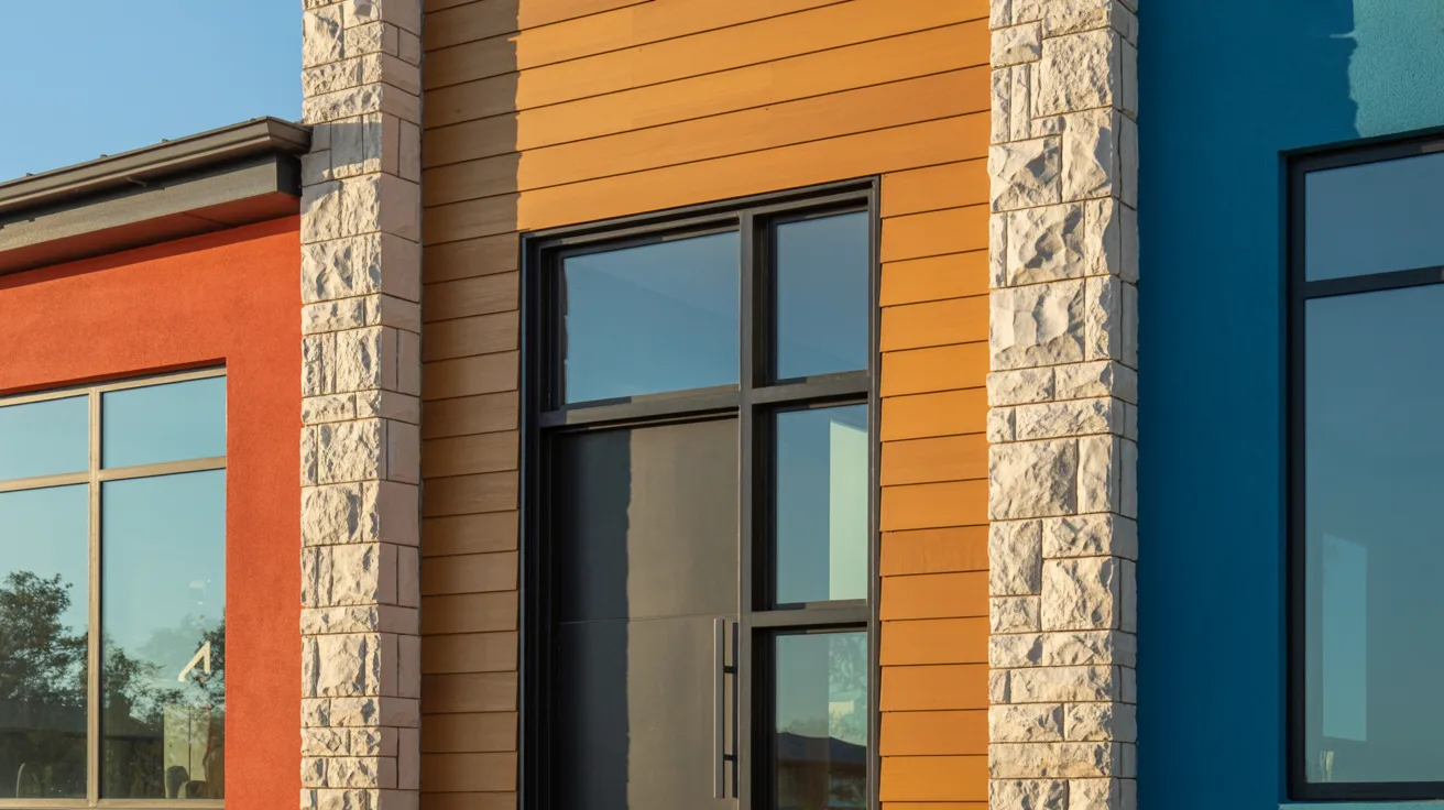 Colorful building exterior featuring multiple windows and doors against a bright backdrop.