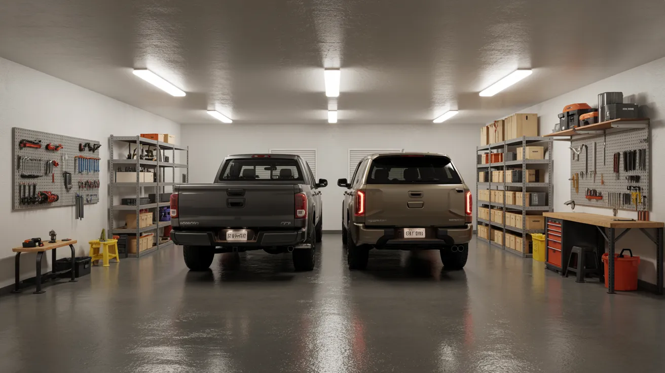 Two trucks parked in a garage filled with numerous shelves stacked with various items.