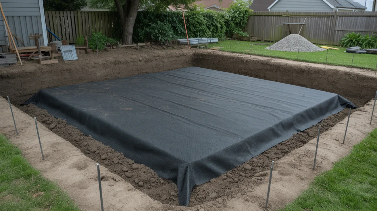 A swimming pool covered with a black tarp, indicating it is not in use at the moment.