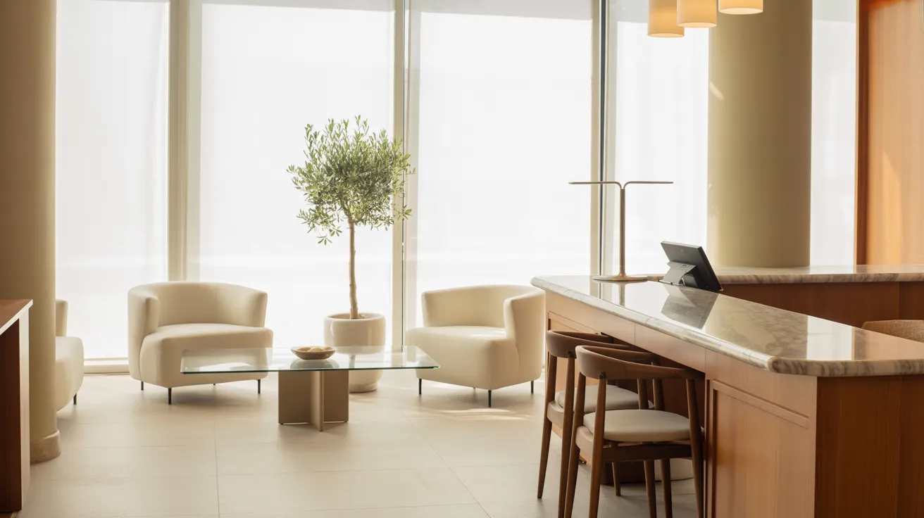 A reception area featuring a large desk and several chairs arranged for visitors.
