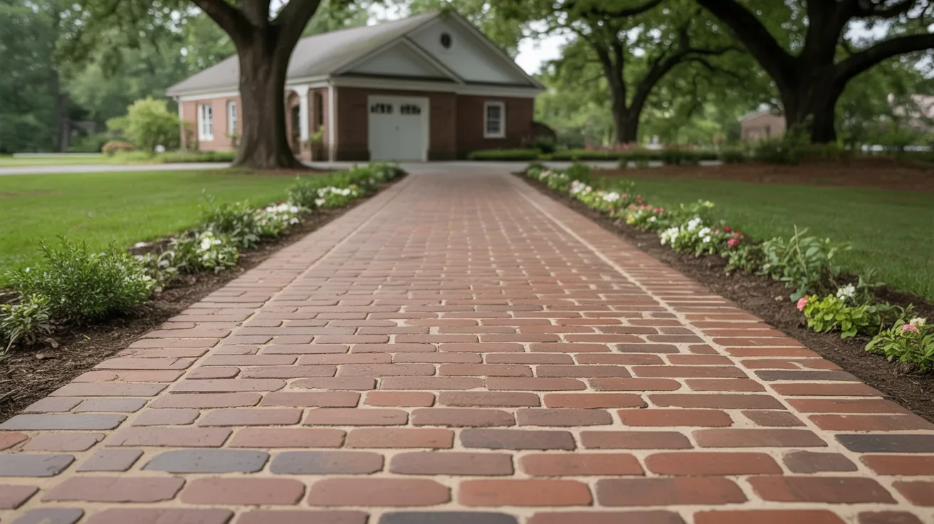 A brick walkway leads to a church, framed by greenery and sunlight, inviting visitors to enter the sacred space.