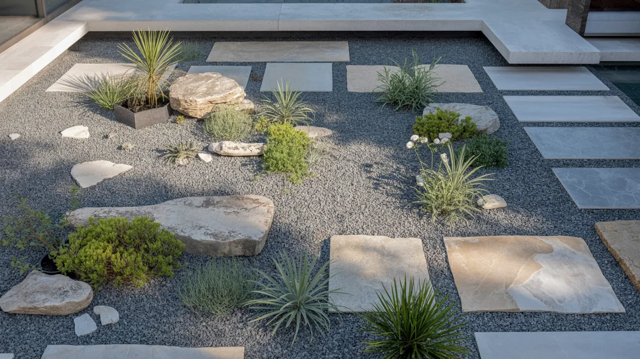 A contemporary garden featuring a mix of decorative rocks and various lush plants.